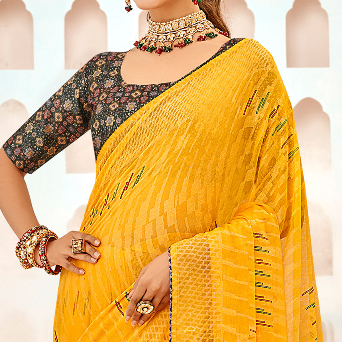Yellow Geometric Printed Chiffon Brasso Saree