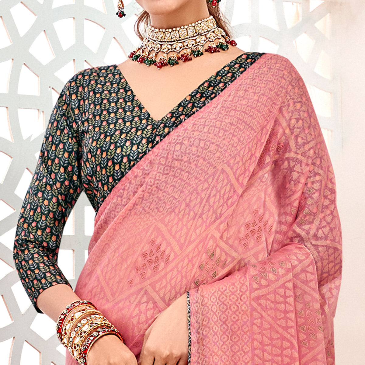 Pink Geometric Printed Chiffon Brasso Saree