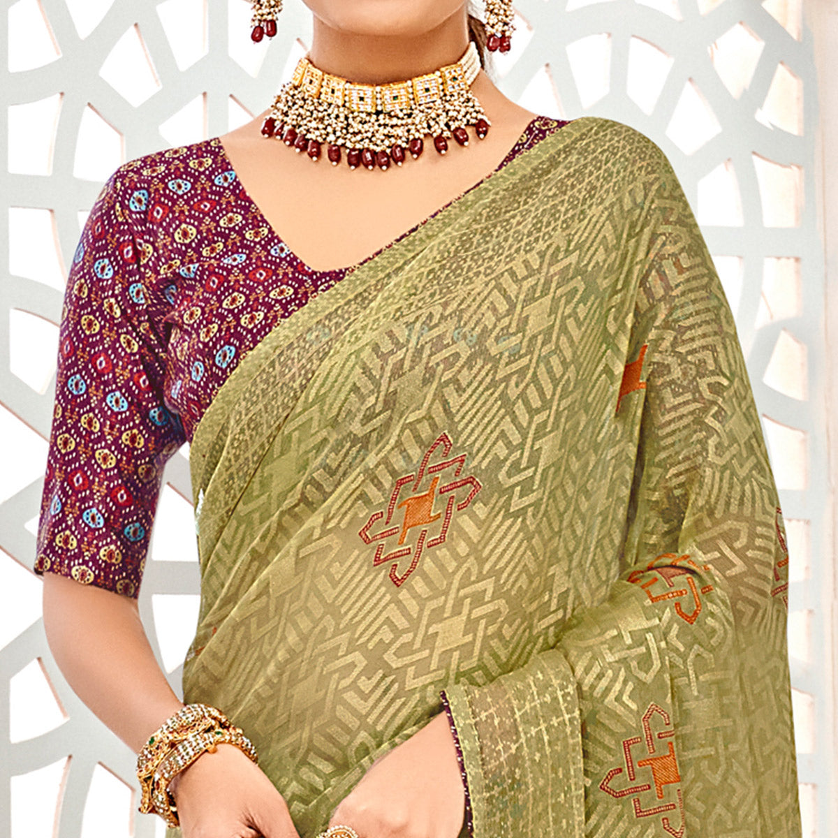Green Geometric Printed Chiffon Brasso Saree