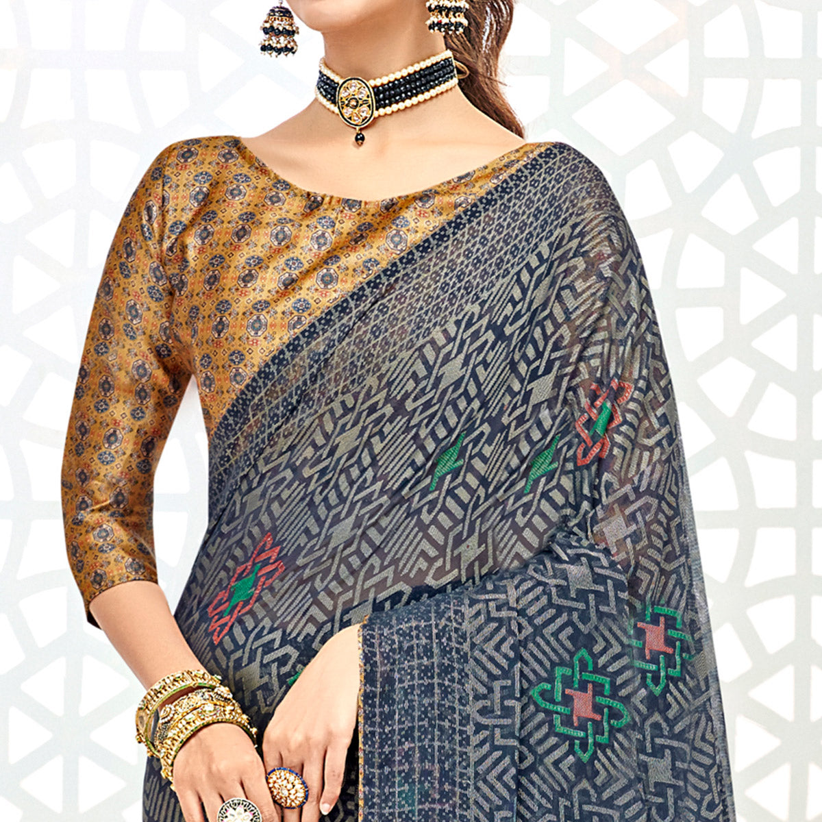Blue Geometric Printed Chiffon Brasso Saree