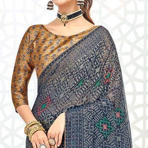 Blue Geometric Printed Chiffon Brasso Saree