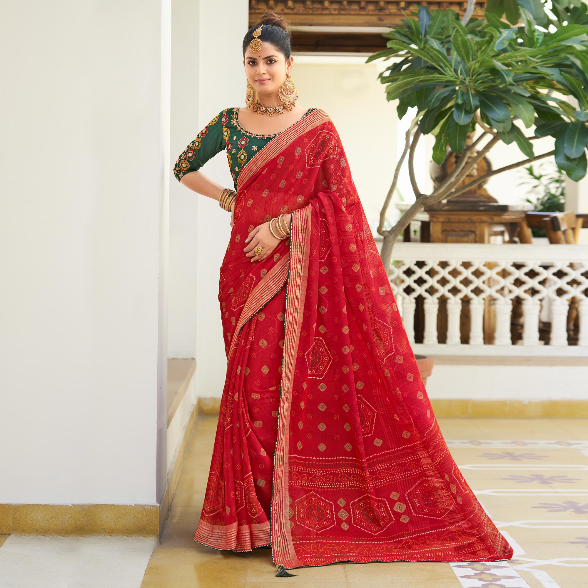Red Bandhani Printed Chiffon Saree With Tassels