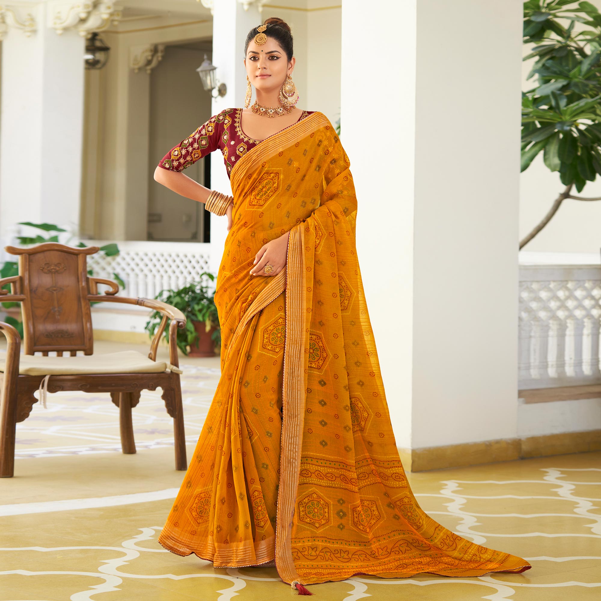 Mustard Bandhani Printed Chiffon Saree With Tassels