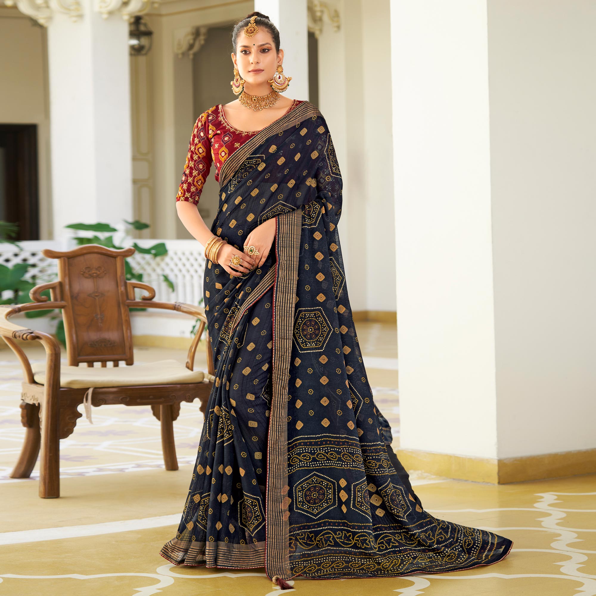Blue Bandhani Printed Chiffon Saree With Tassels