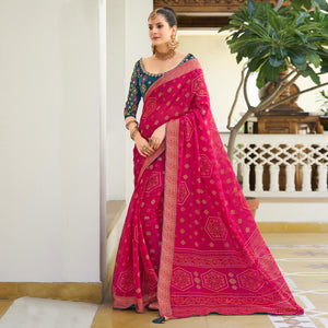 Pink Bandhani Printed Chiffon Saree With Tassels