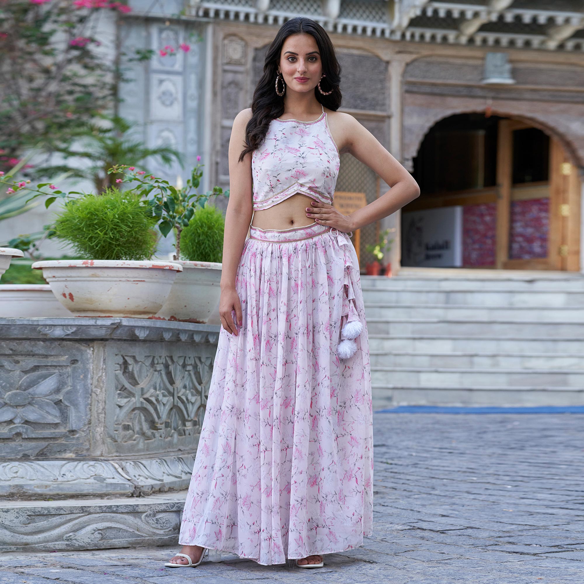 Pink & White Floral Printed Georgette Crop Top Lehenga