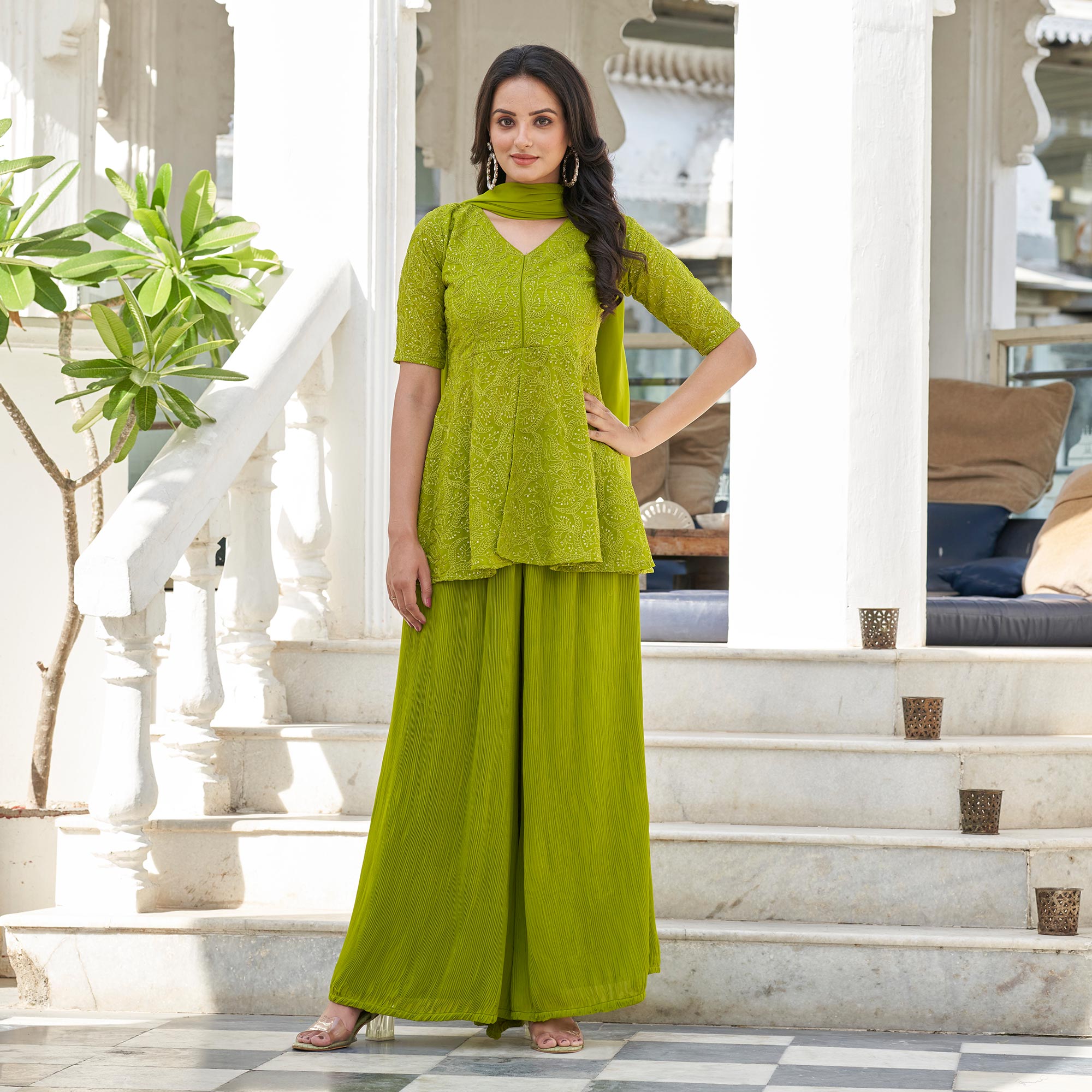 Green Sequins Embroidered Georgette Palazzo Suit