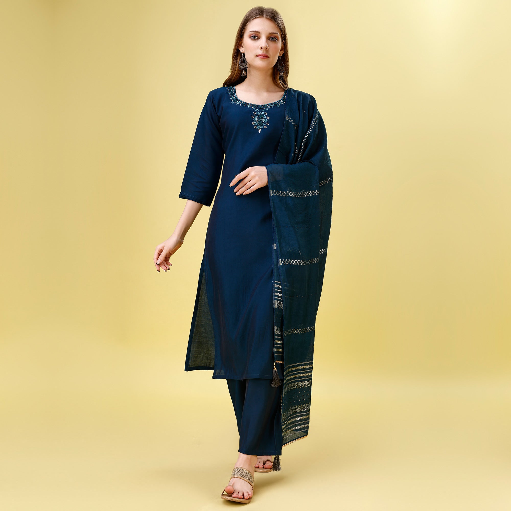 Blue Mirror Embroidered Viscose Salwar Suit