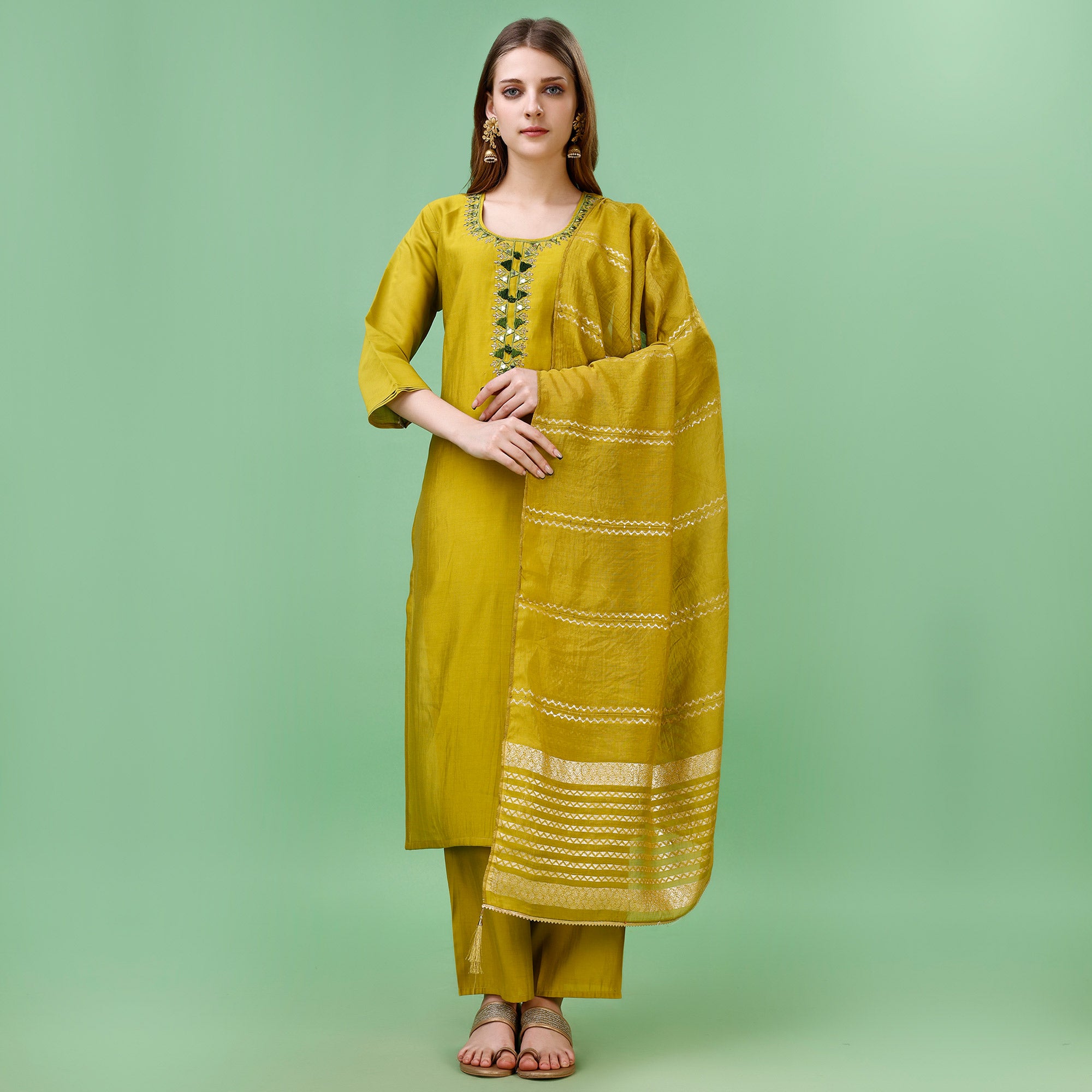 Mehendi Green Mirror Embroidered Viscose Salwar Suit