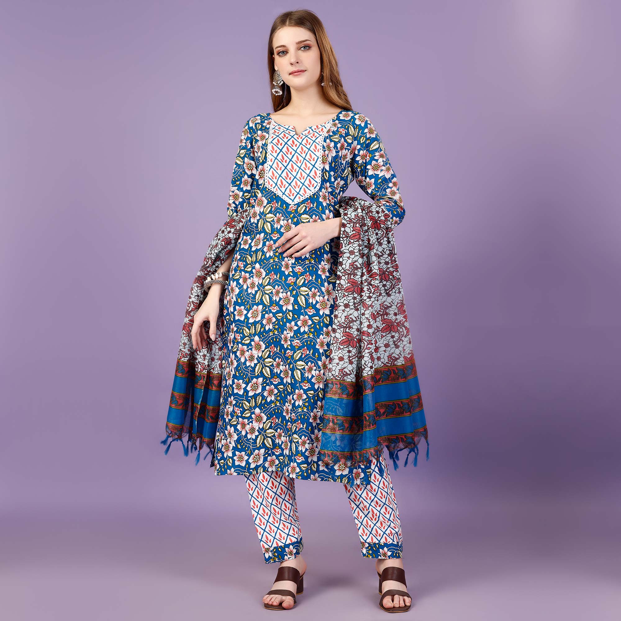 Blue Floral Printed Viscose Salwar Suit
