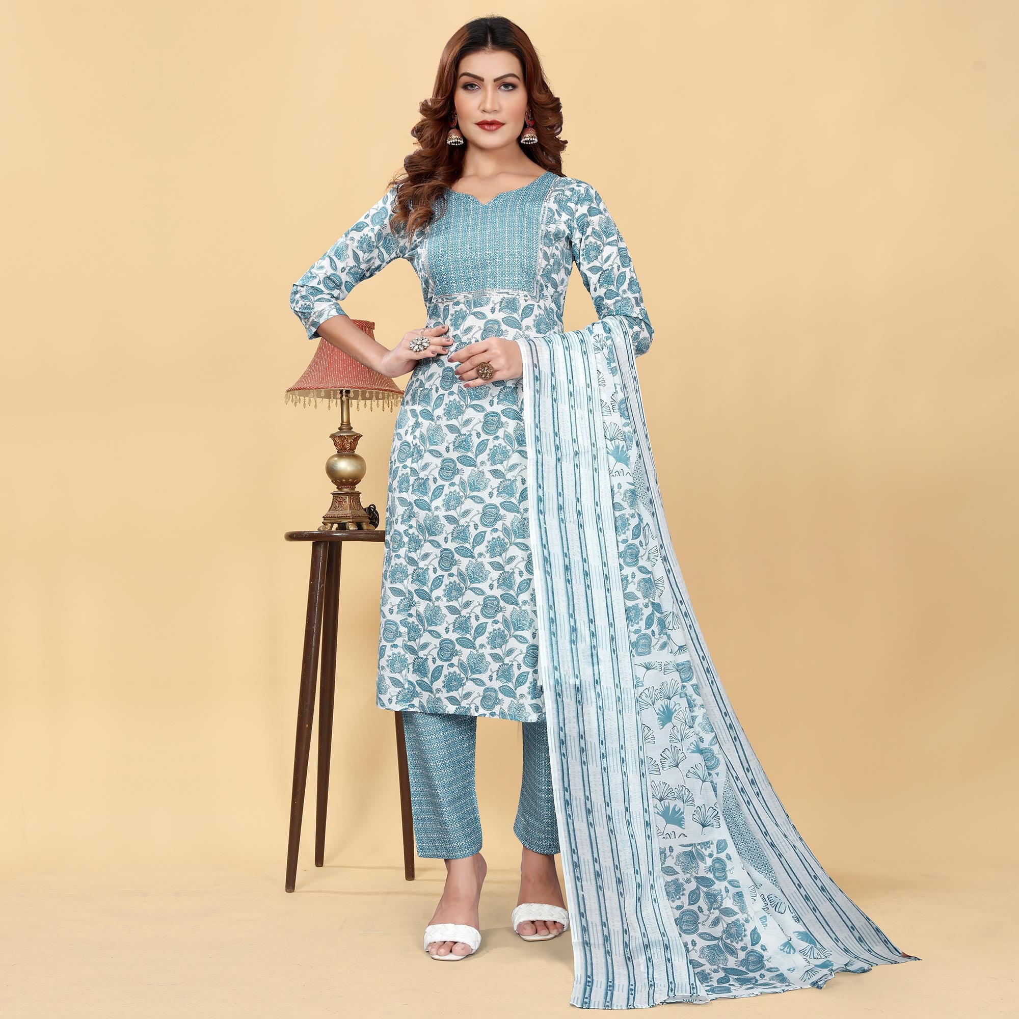 Greyish Blue Floral Printed Cotton Blend Salwar Suit