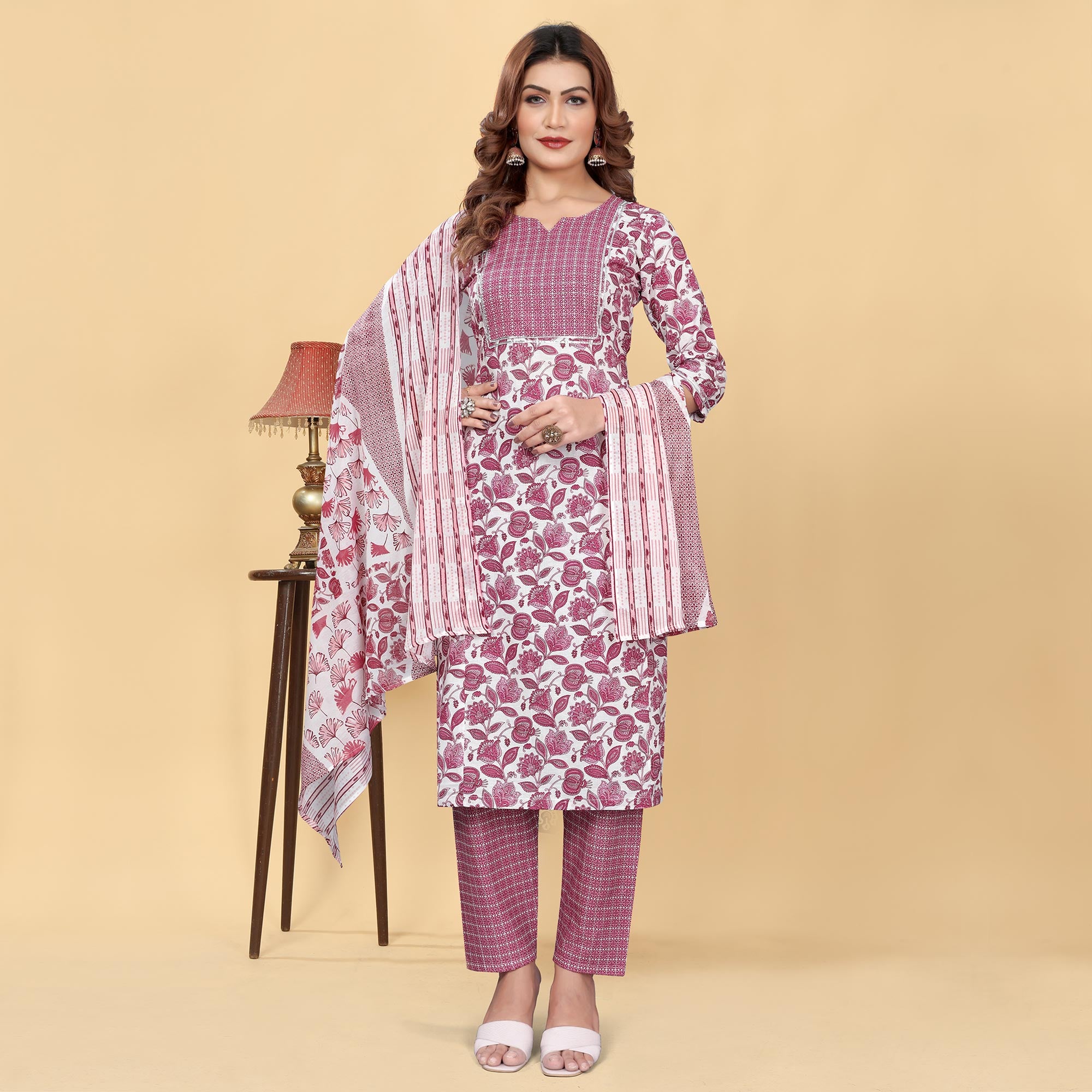 Light Wine Floral Printed Cotton Blend Salwar Suit