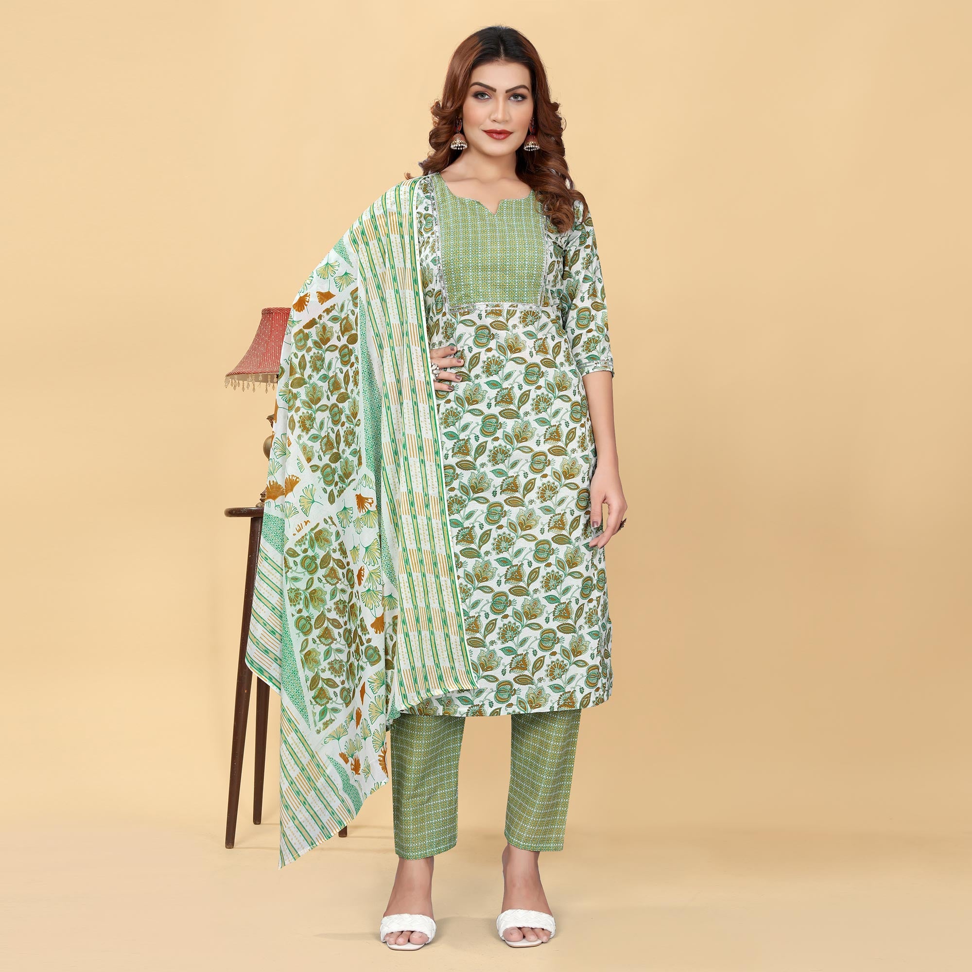 Light Green Floral Printed Cotton Blend Salwar Suit