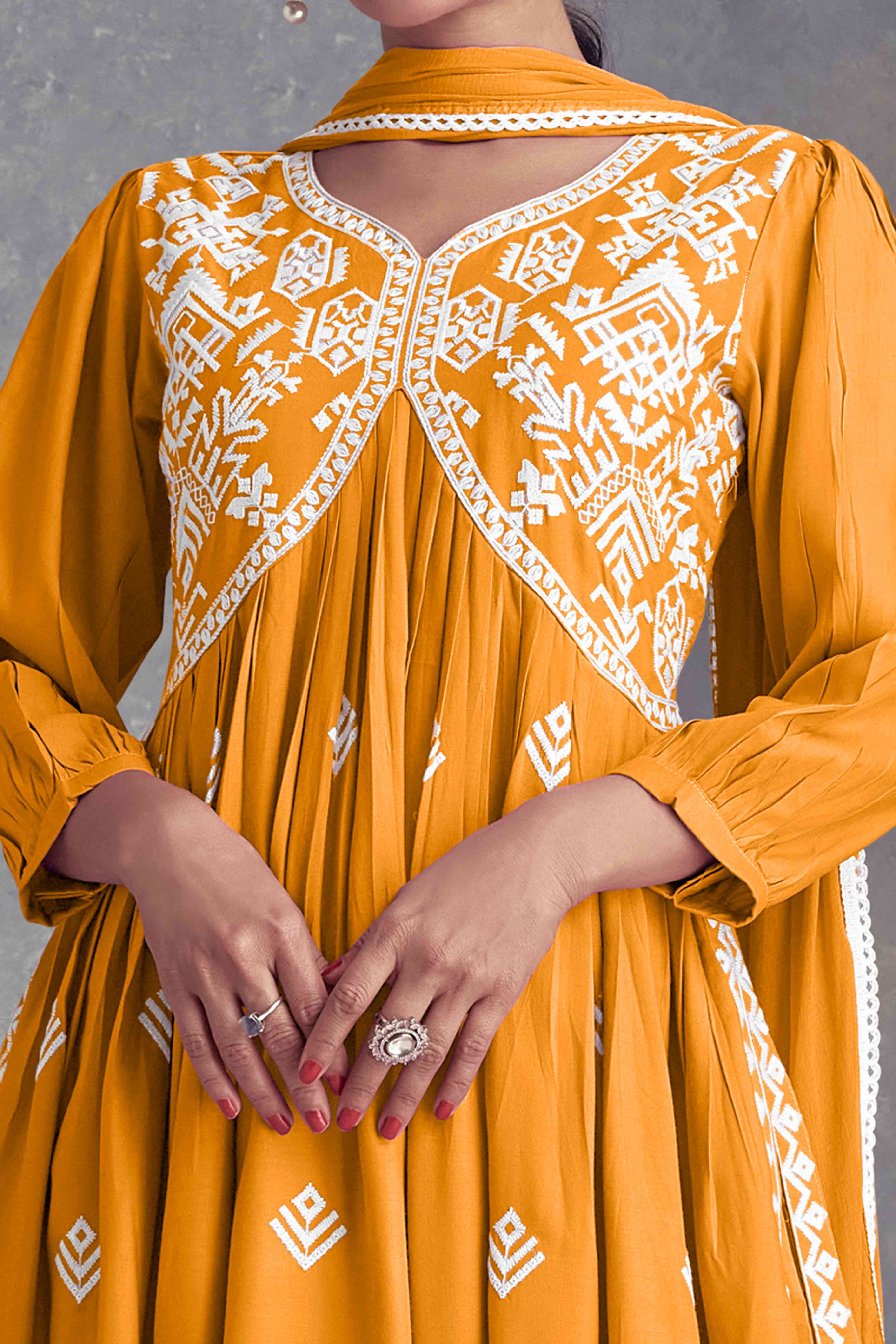 Mustard Floral Embroidered Rayon Salwar Suit