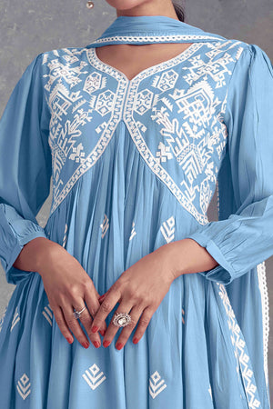 Blue Floral Embroidered Rayon Salwar Suit