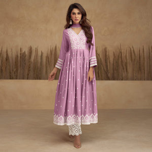 Pink Lucknowi Embroidered Rayon Naira Cut Suit