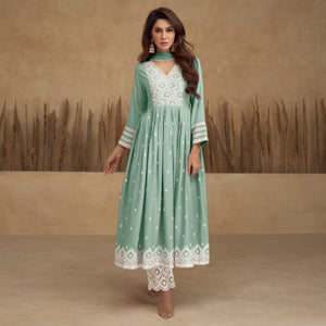Green Lucknowi Embroidered Rayon Naira Cut Suit
