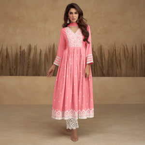 Pink Lucknowi Embroidered Rayon Naira Cut Suit