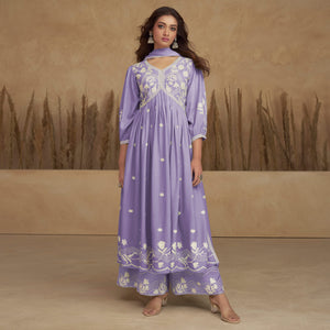 Purple Lucknowi Embroidered Rayon Alia Cut Suit