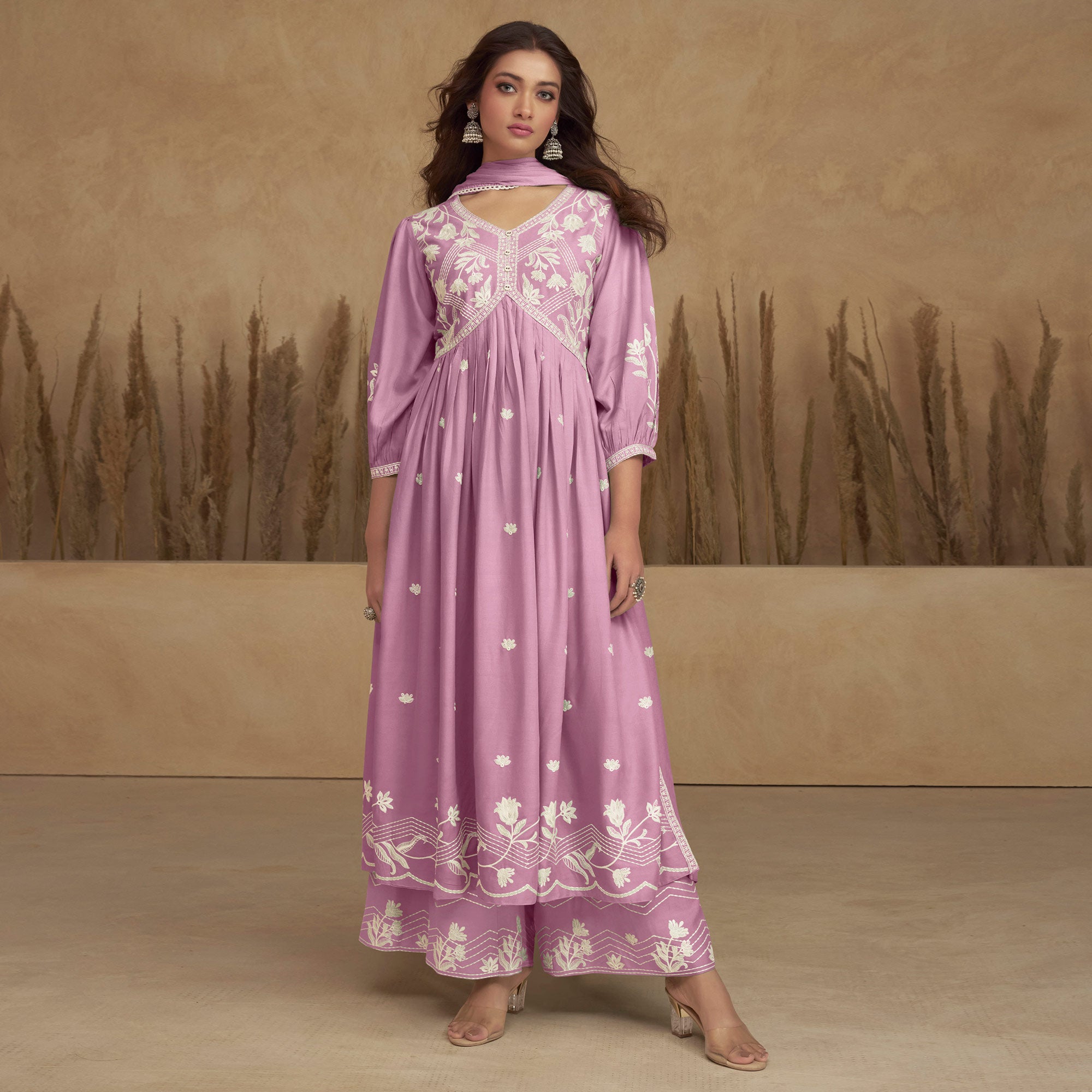 Pink Lucknowi Embroidered Rayon Alia Cut Suit