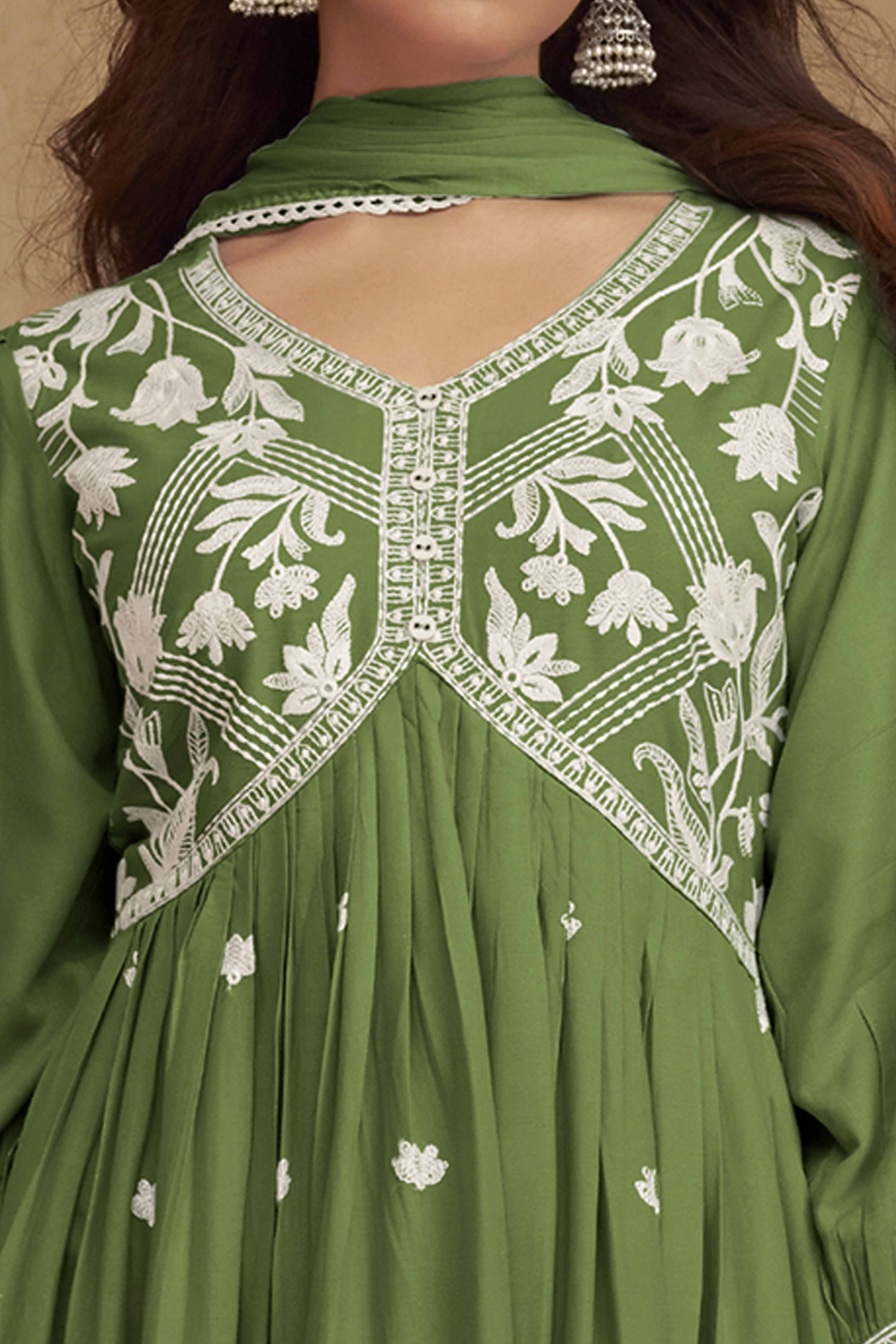 Dark Green Alia Cut Rayon Suit with Classic Lucknowi Embroidery
