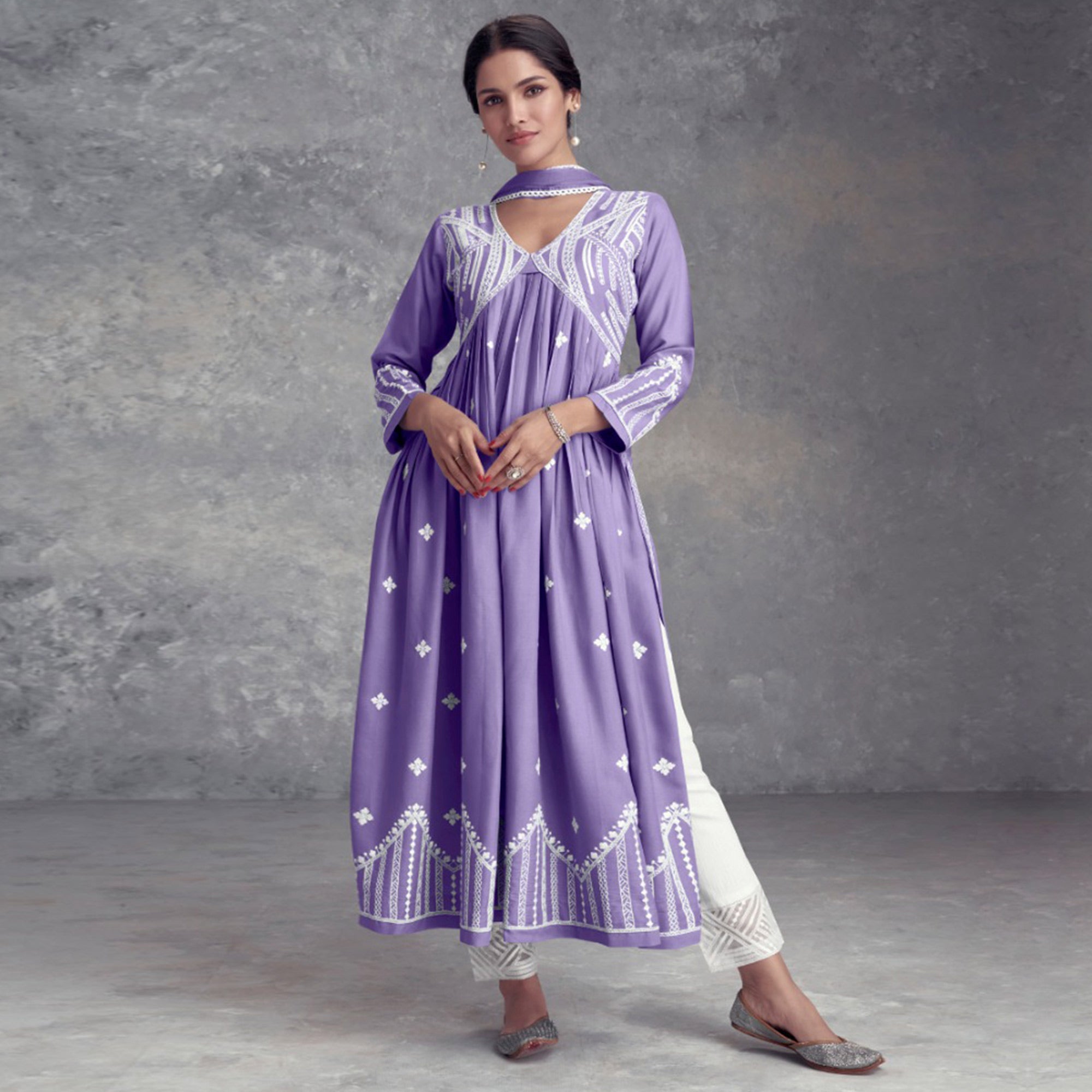 Light Purple Lucknowi Embroidered Rayon Naira Cut Suit