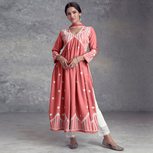 Peach Lucknowi Embroidered Rayon Naira Cut Suit