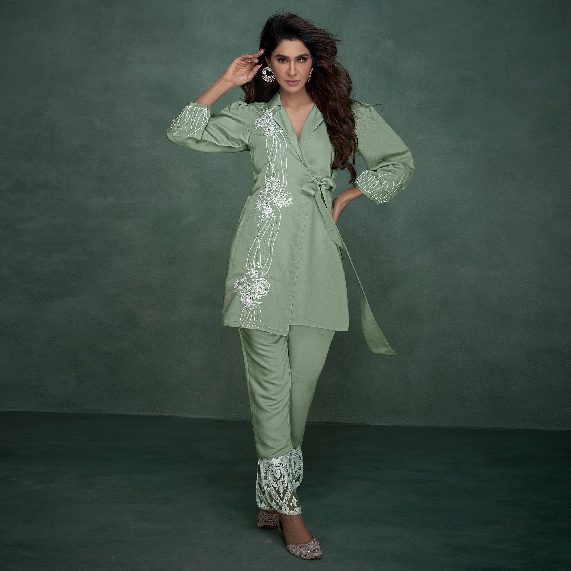 Green Floral Embroidered With Handwork Viscose Co Ord Set