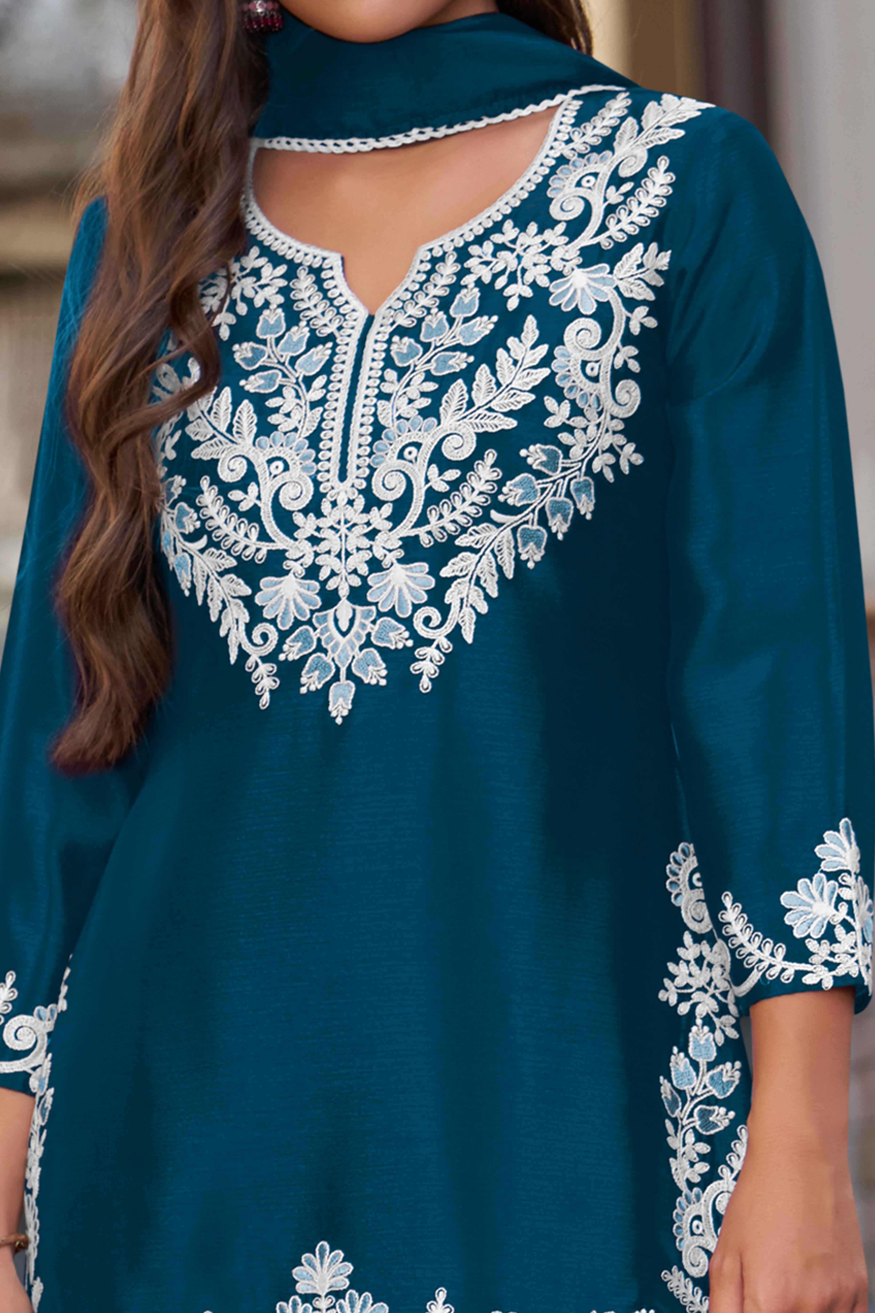 Elegant Teal Chinon Sharara Suit with Intricate Floral Embroidery