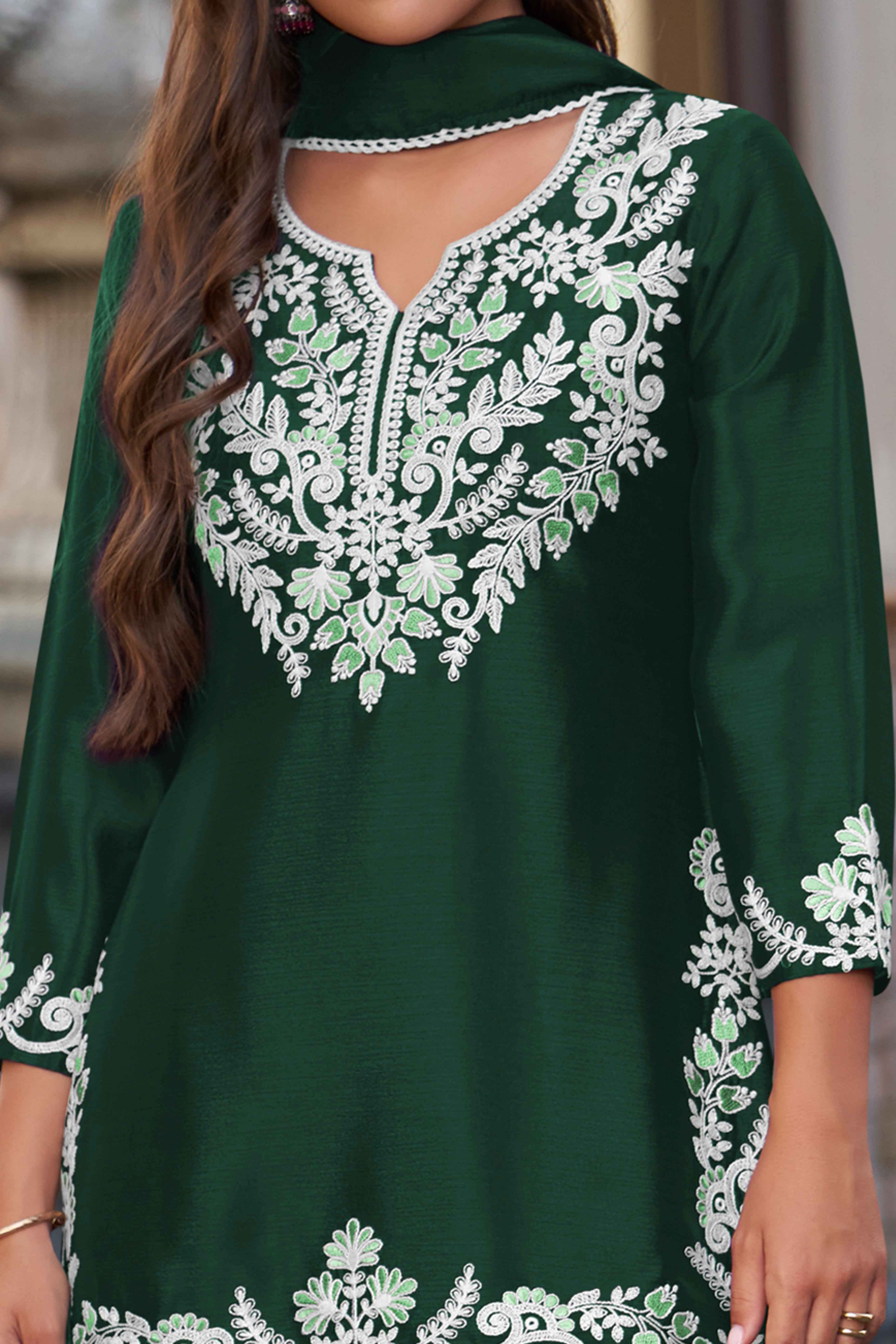 Elegant Dark Green Chinon Sharara Suit with Intricate Floral Embroidery