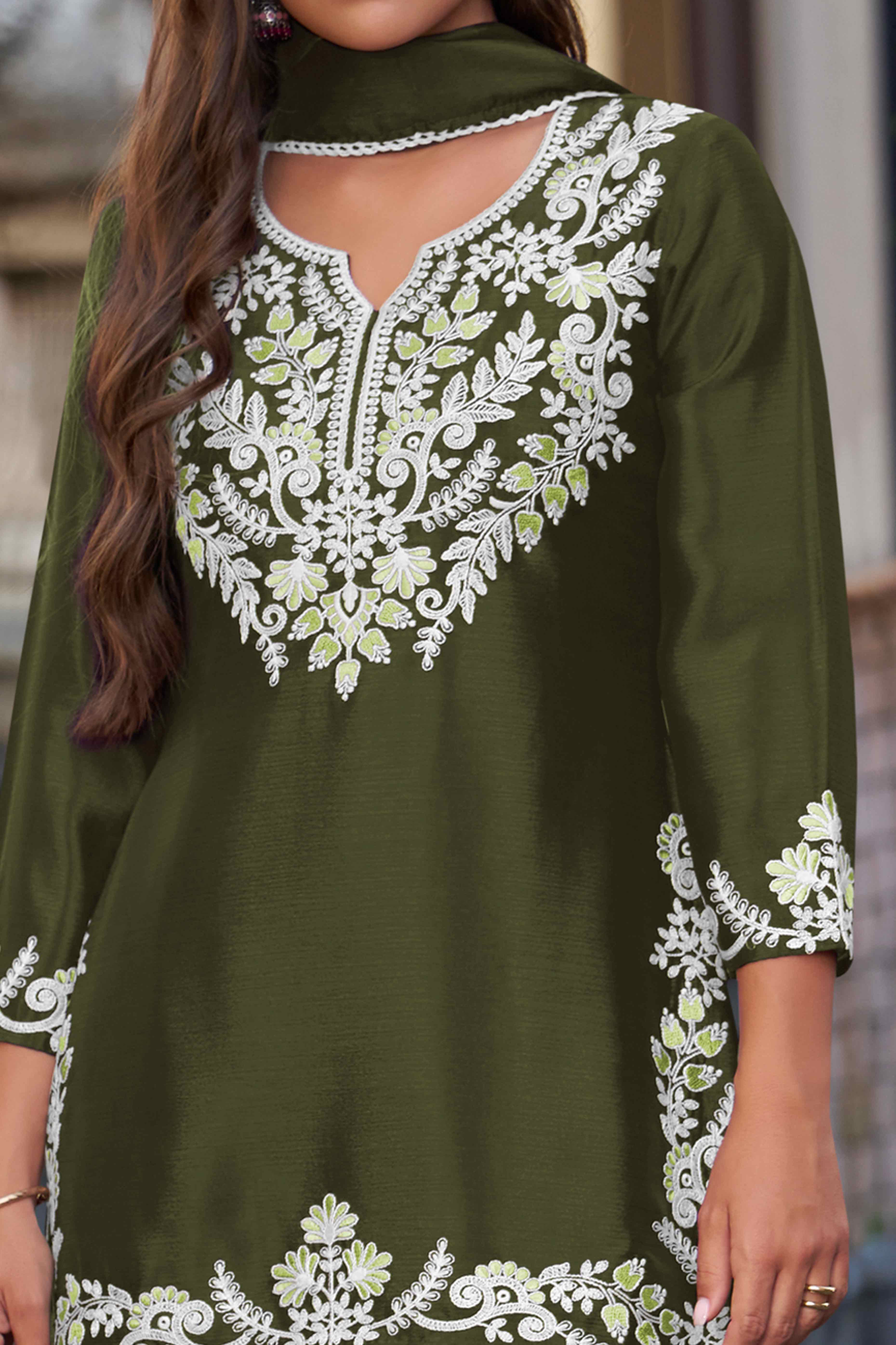 Elegant Olive Chinon Sharara Suit with Intricate Floral Embroidery