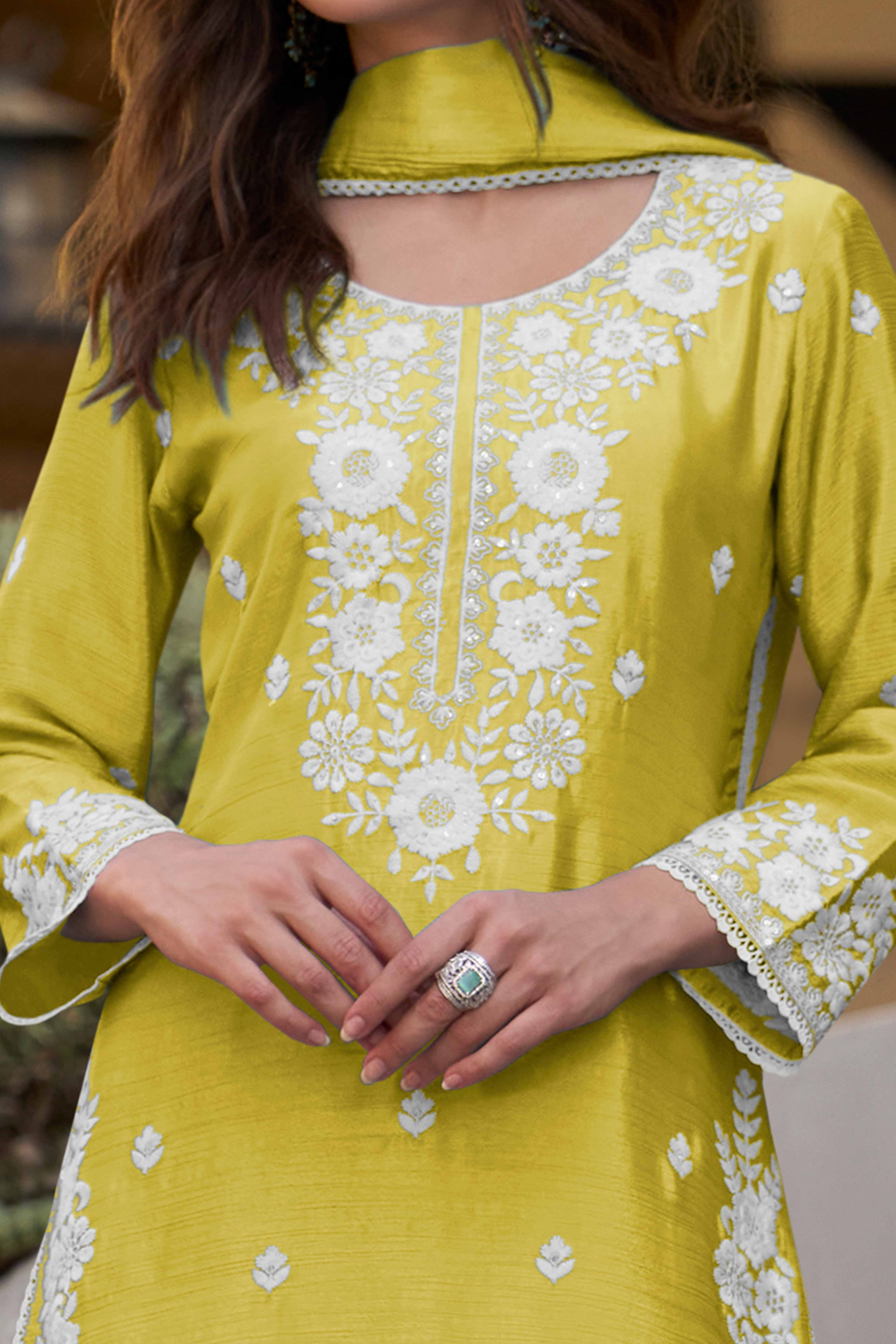 Lemon Yellow Floral Luxe Embroidered Chinon Sharara Suit