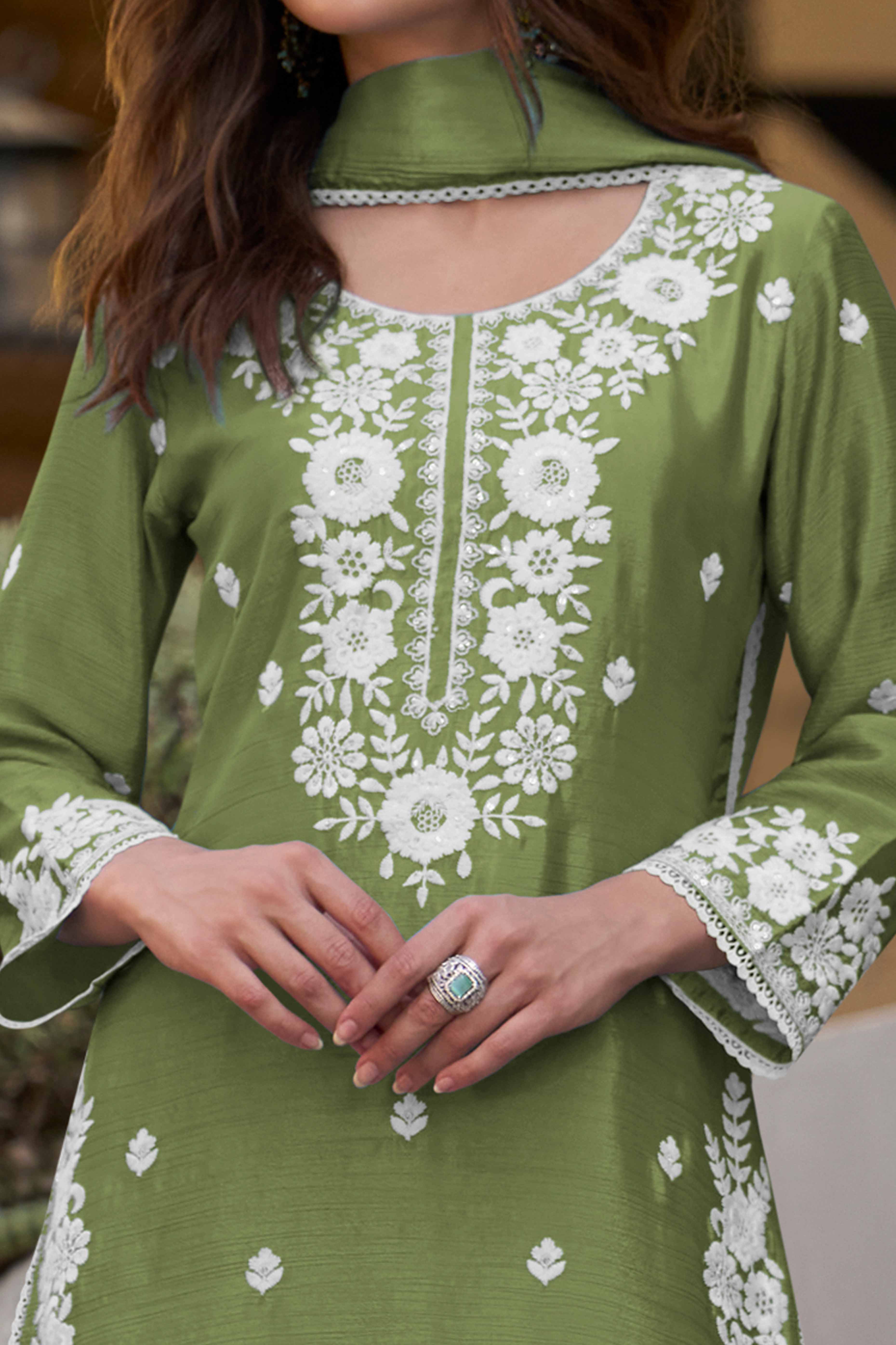 Green Floral Luxe Embroidered Chinon Sharara Suit