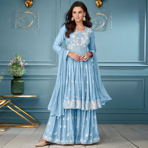 Blue Lucknowi Embroidered Rayon Palazzo Suit