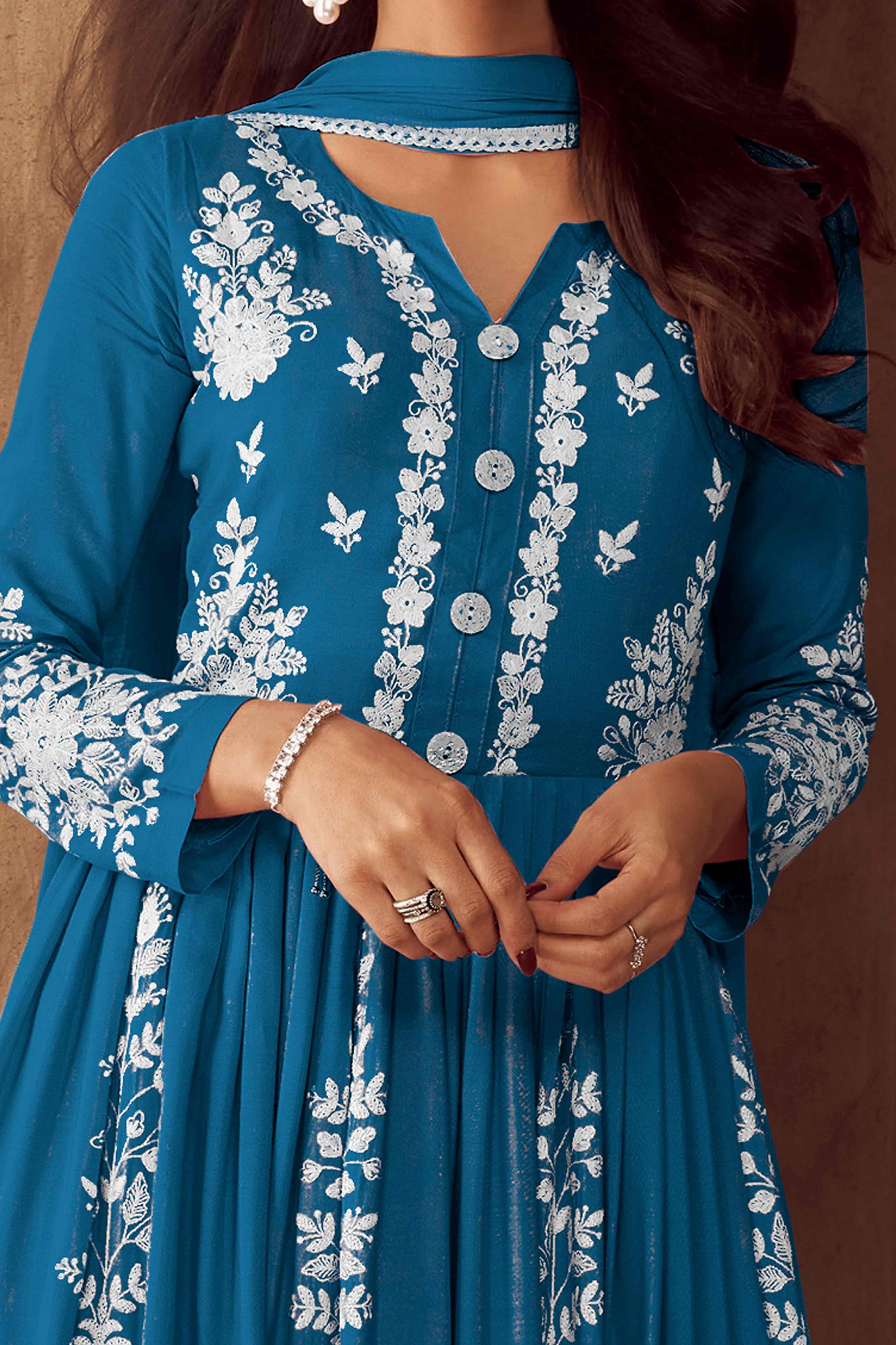 Blue Lucknowi Embroidered Rayon Palazzo Suit