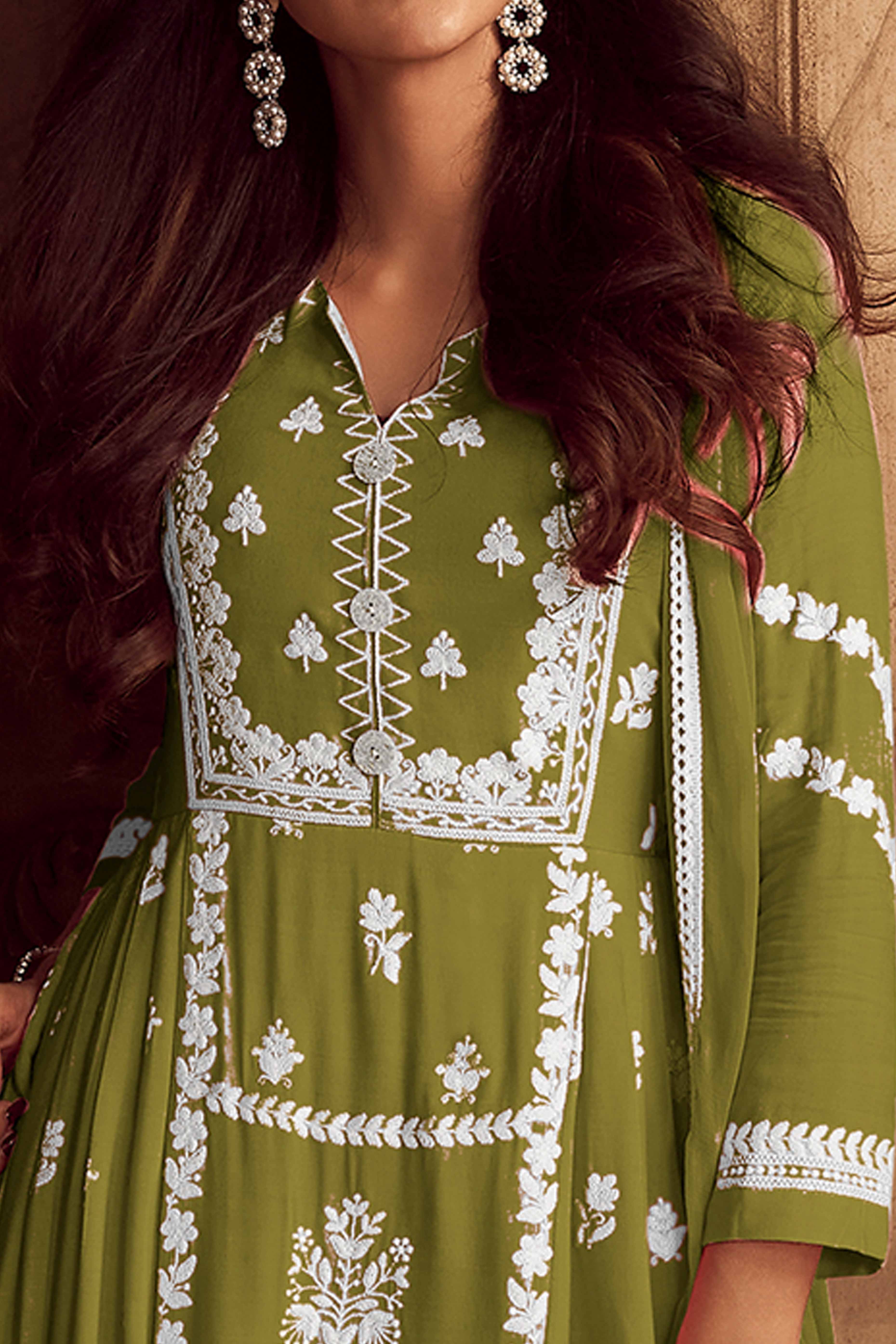 Elegant Green Lucknowi Embroidered Rayon Suit with Palazzo