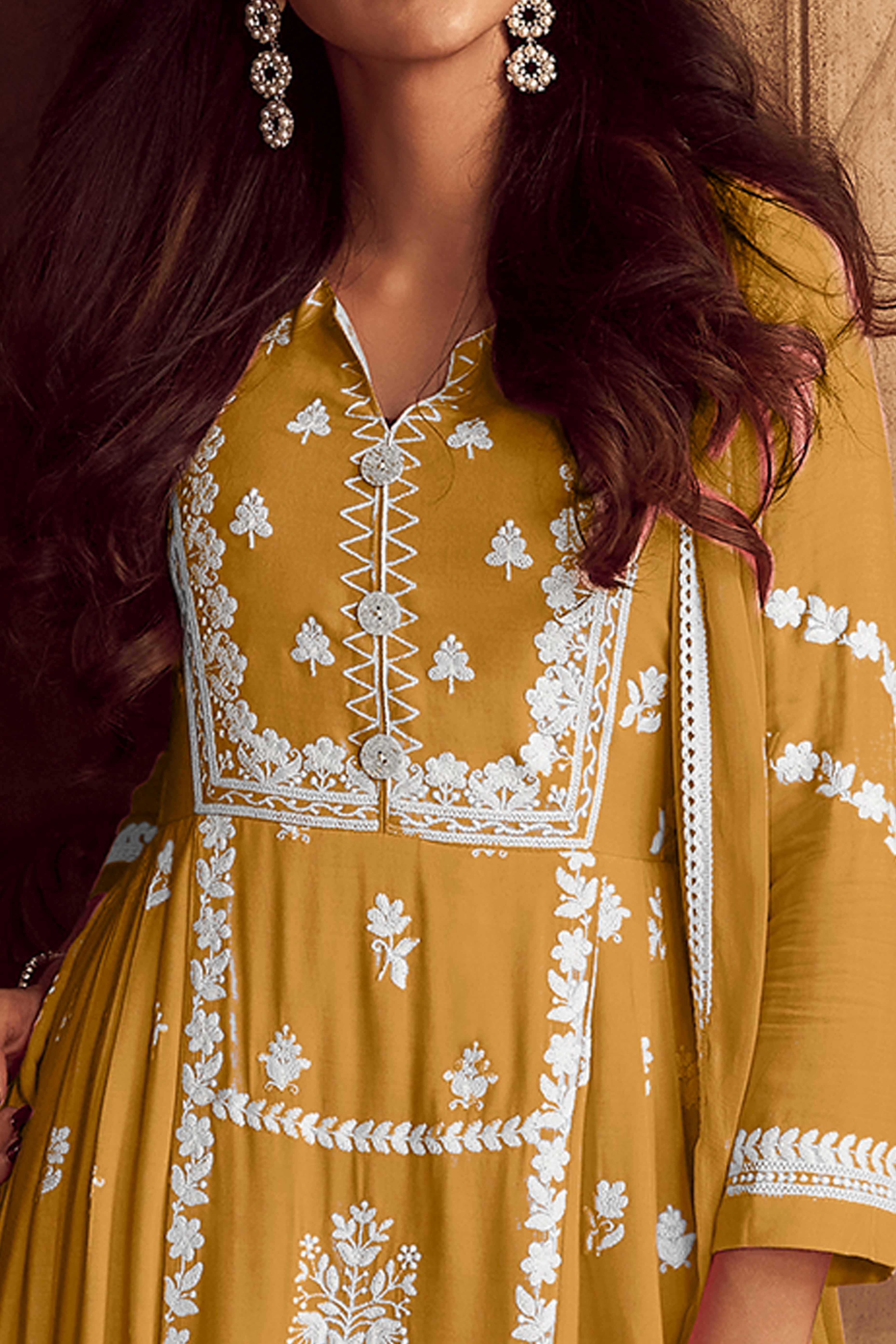 Elegant Mustard Lucknowi Embroidered Rayon Suit with Palazzo