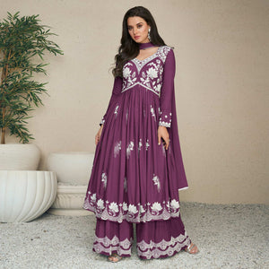 Wine Lucknowi Embroidered Rayon Palazzo Suit