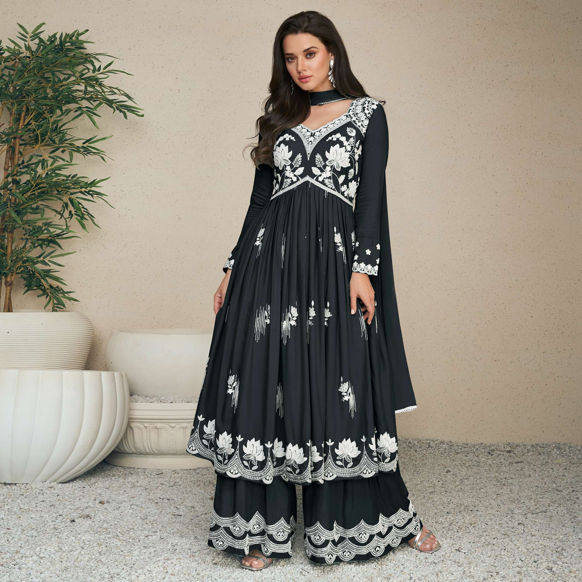 Black Lucknowi Embroidered Rayon Palazzo Suit
