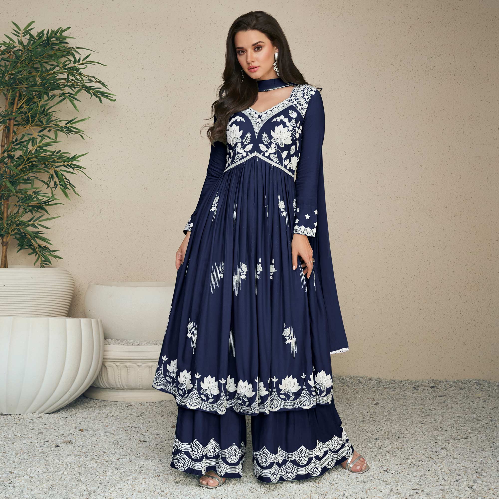 Blue Lucknowi Embroidered Rayon Palazzo Suit