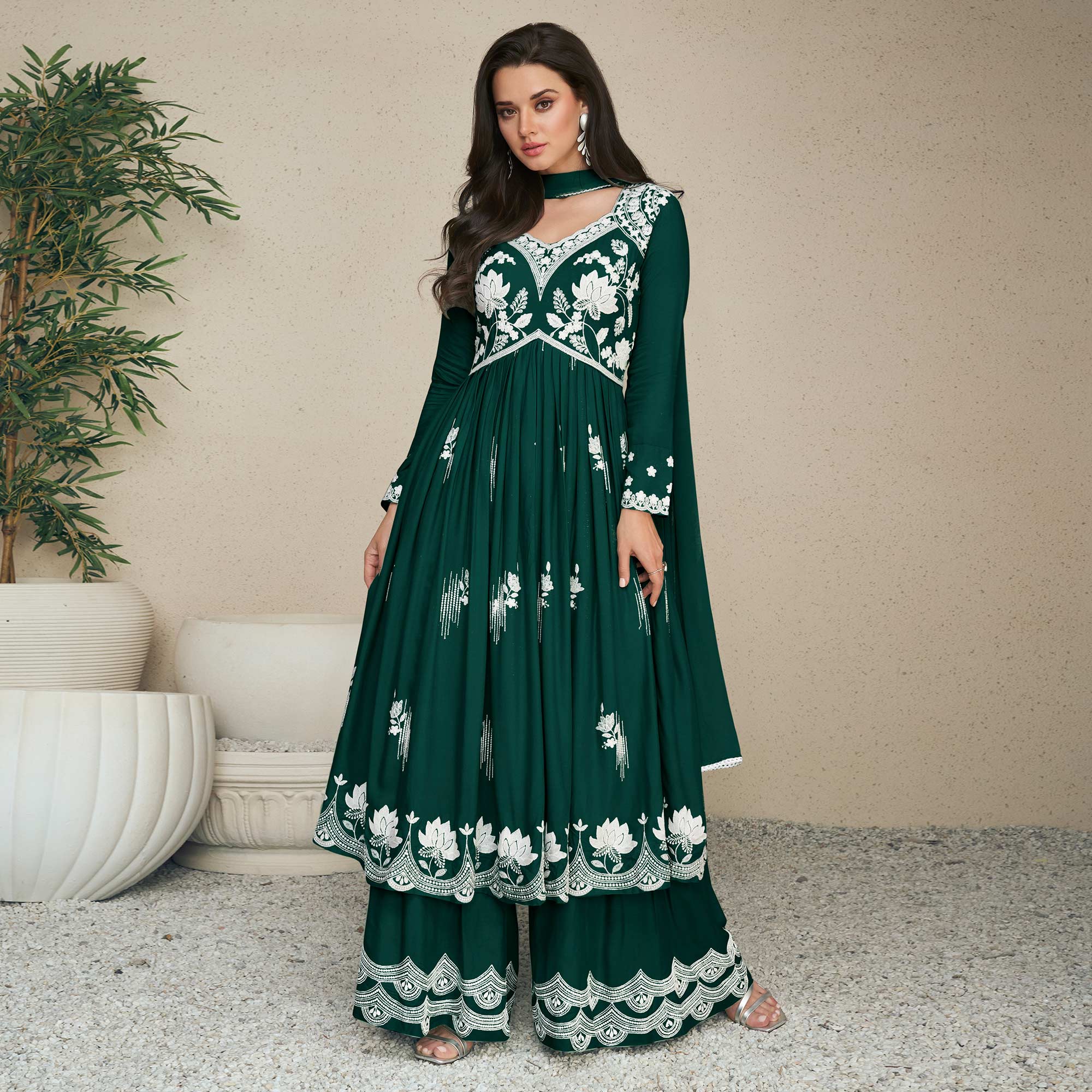 Green Lucknowi Embroidered Rayon Palazzo Suit