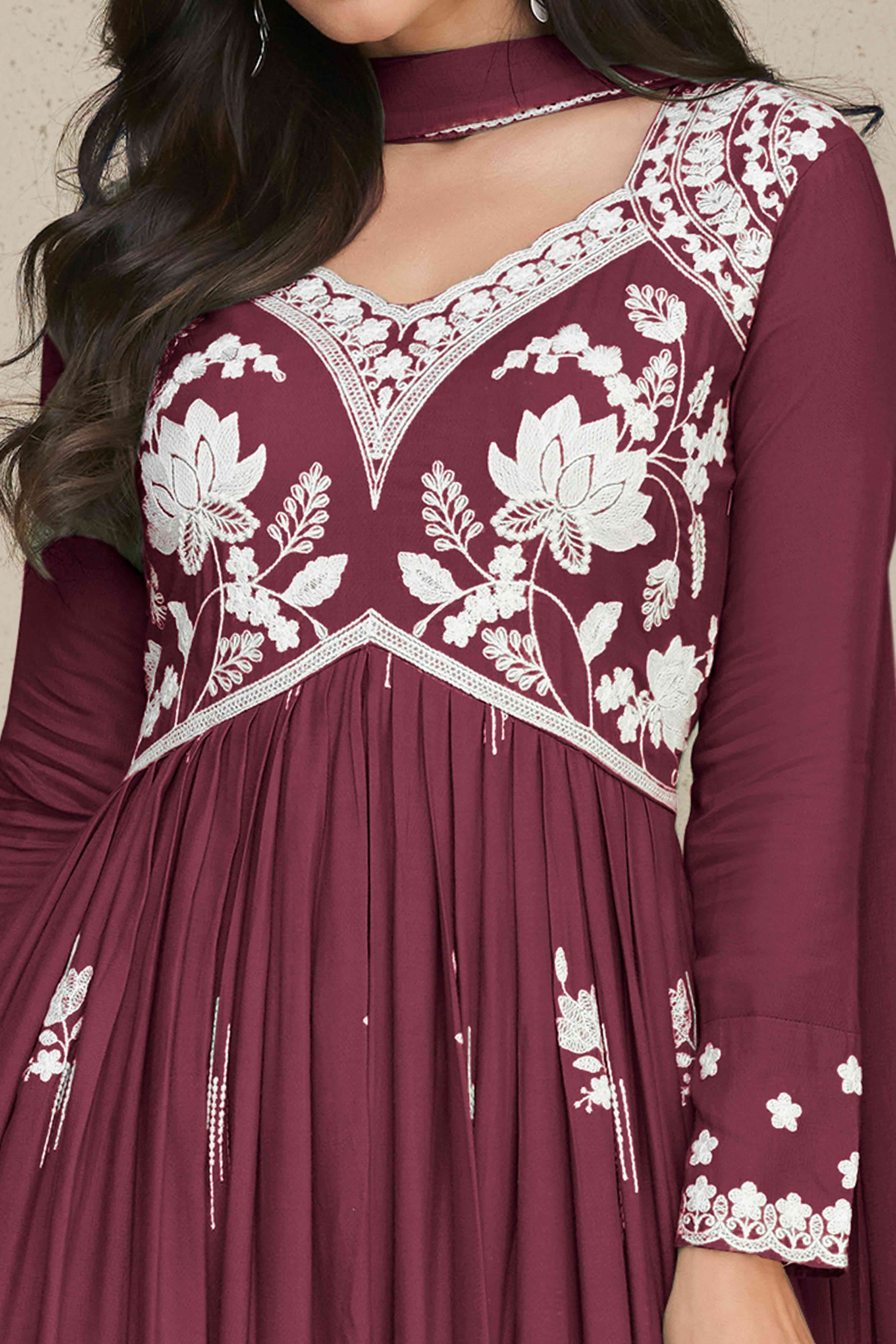 Designer Rayon Palazzo Suit in Burgundy with Lucknowi Embellishments