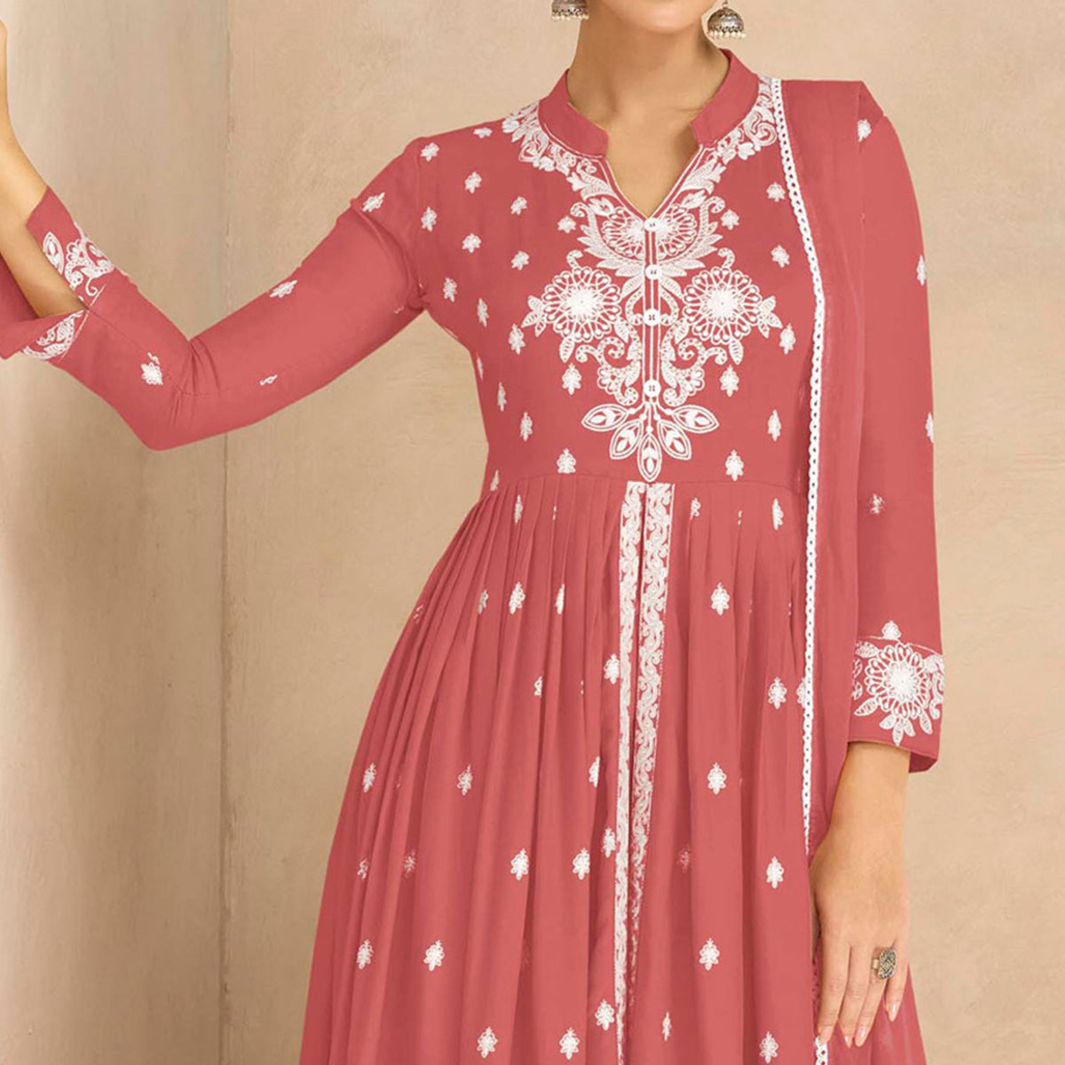 Peach Floral Embroidered Rayon Palazzo Suit