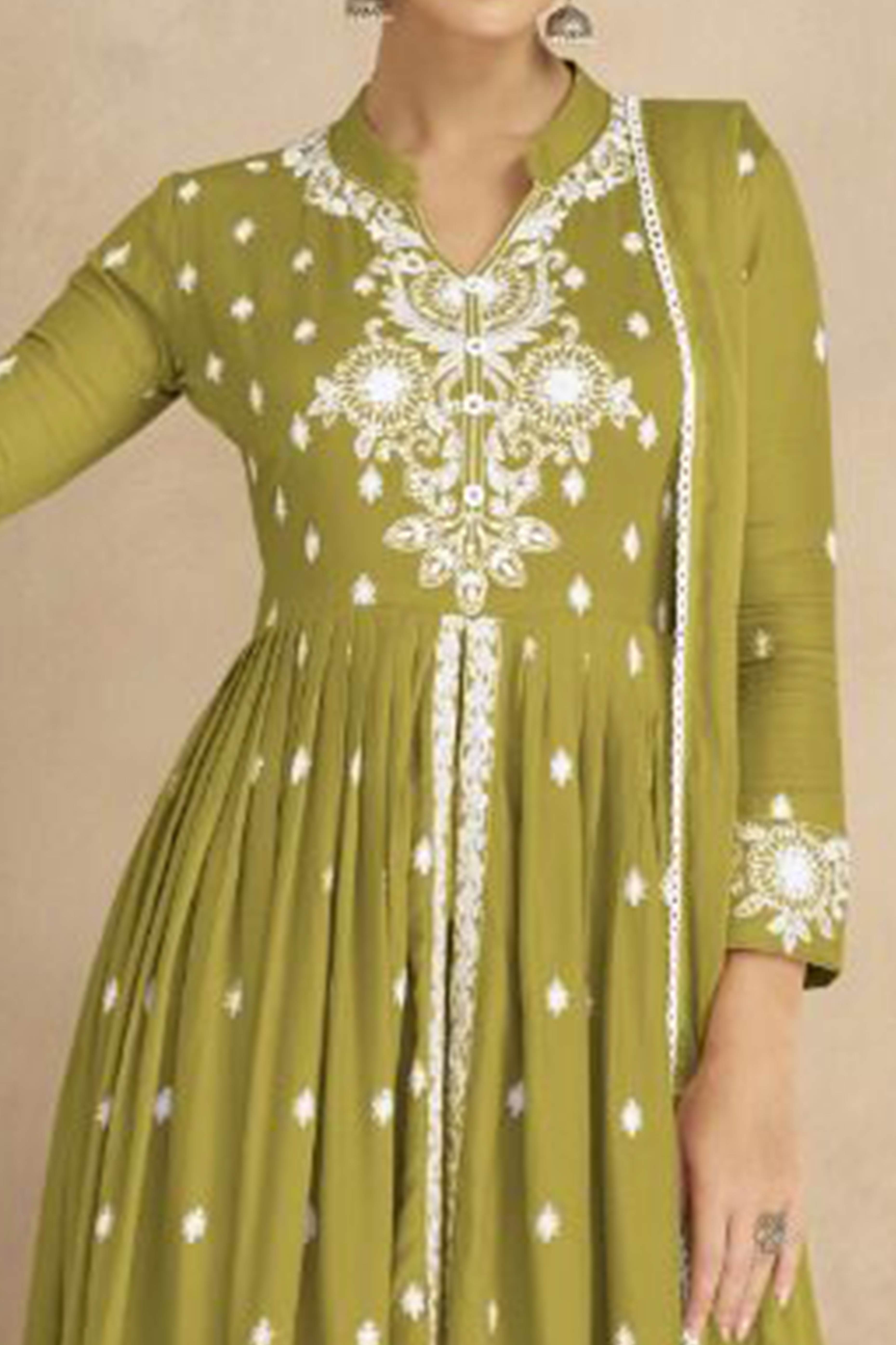 Light Green Floral Embroidered Rayon Palazzo Suit