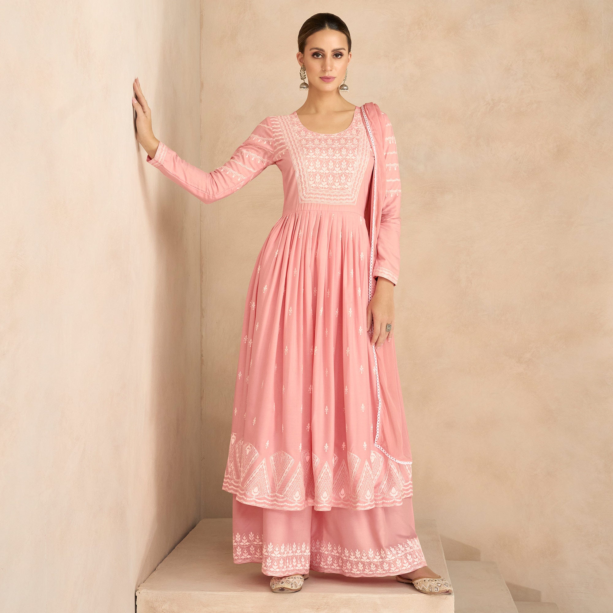 Pink Floral Embroidered Rayon Palazzo Suit