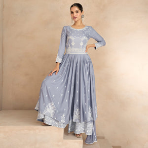 Light Purple Floral Embroidered Rayon Palazzo Suit