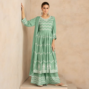 Green Floral Embroidered Rayon Palazzo Suit