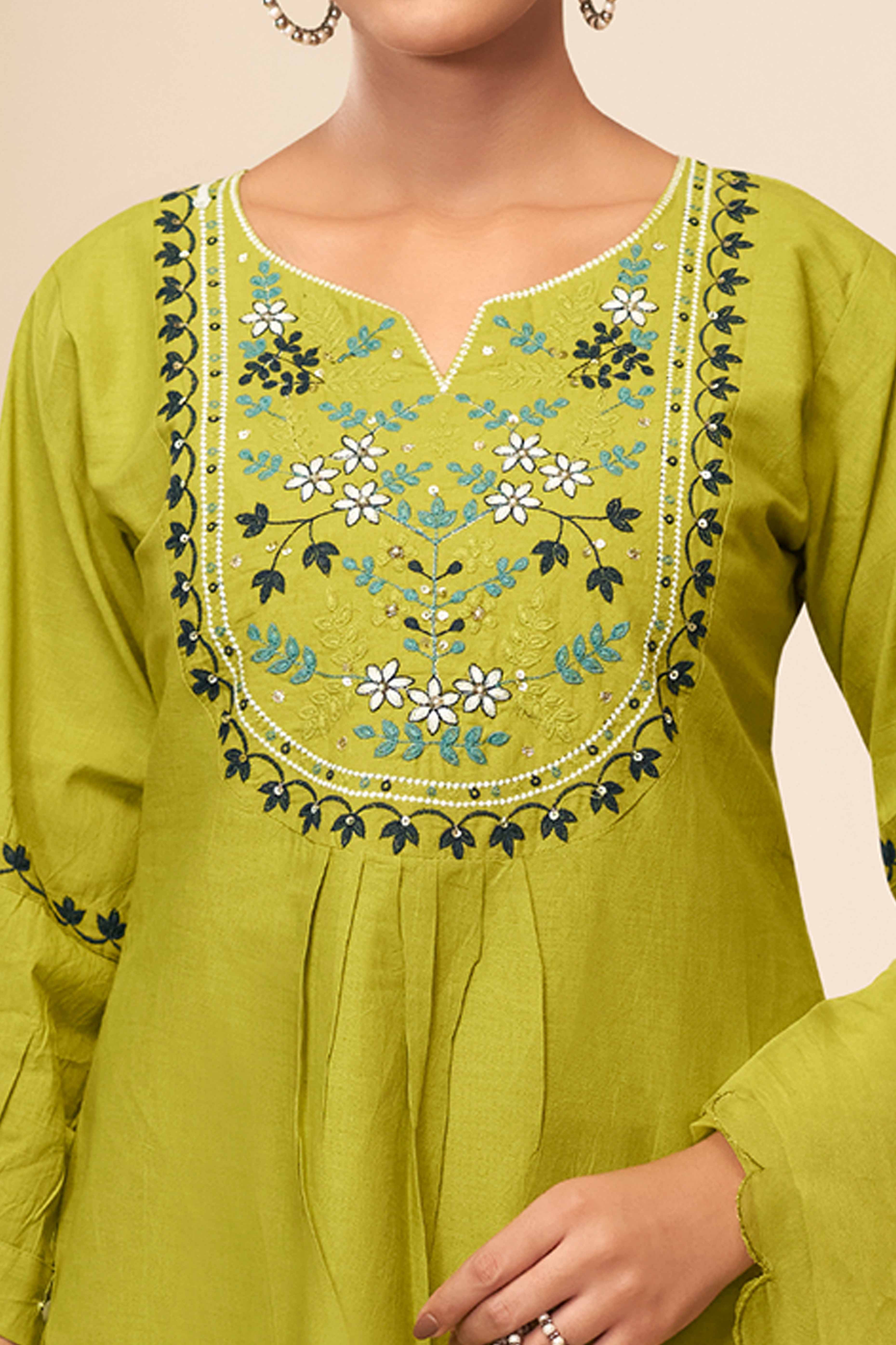 Green Cambric Cotton Suit with Delicate Floral Embroidery