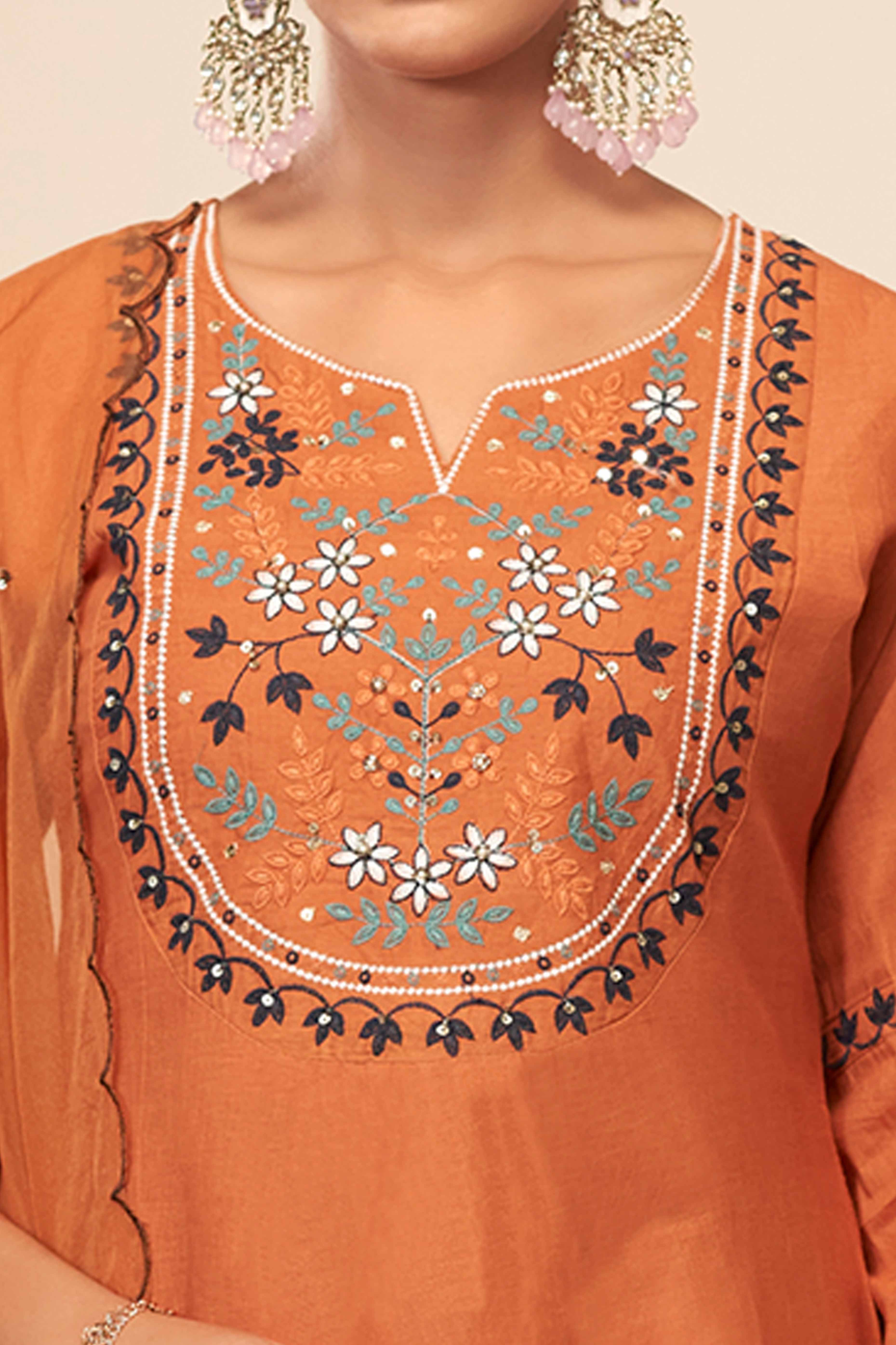 Burnt Orange Cambric Cotton Suit with Delicate Floral Embroidery