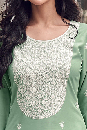 Festive Wear Mint Green Kurti in Rayon with Lucknowi Detailing